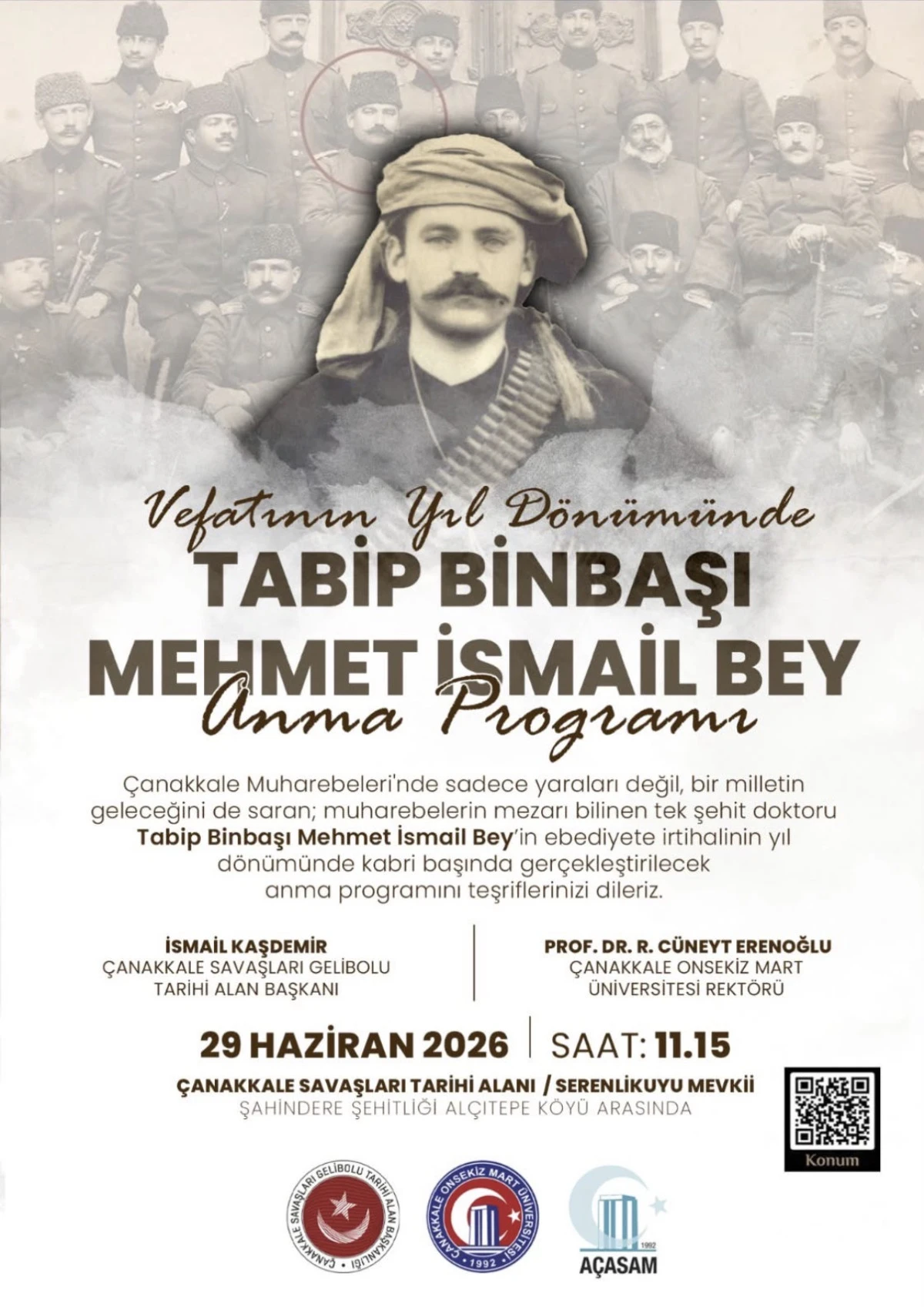&Ccedil;anakkale&rsquo;nin Şehit Doktoru Tabip Binbaşı Mehmet İsmail Bey Anılacak