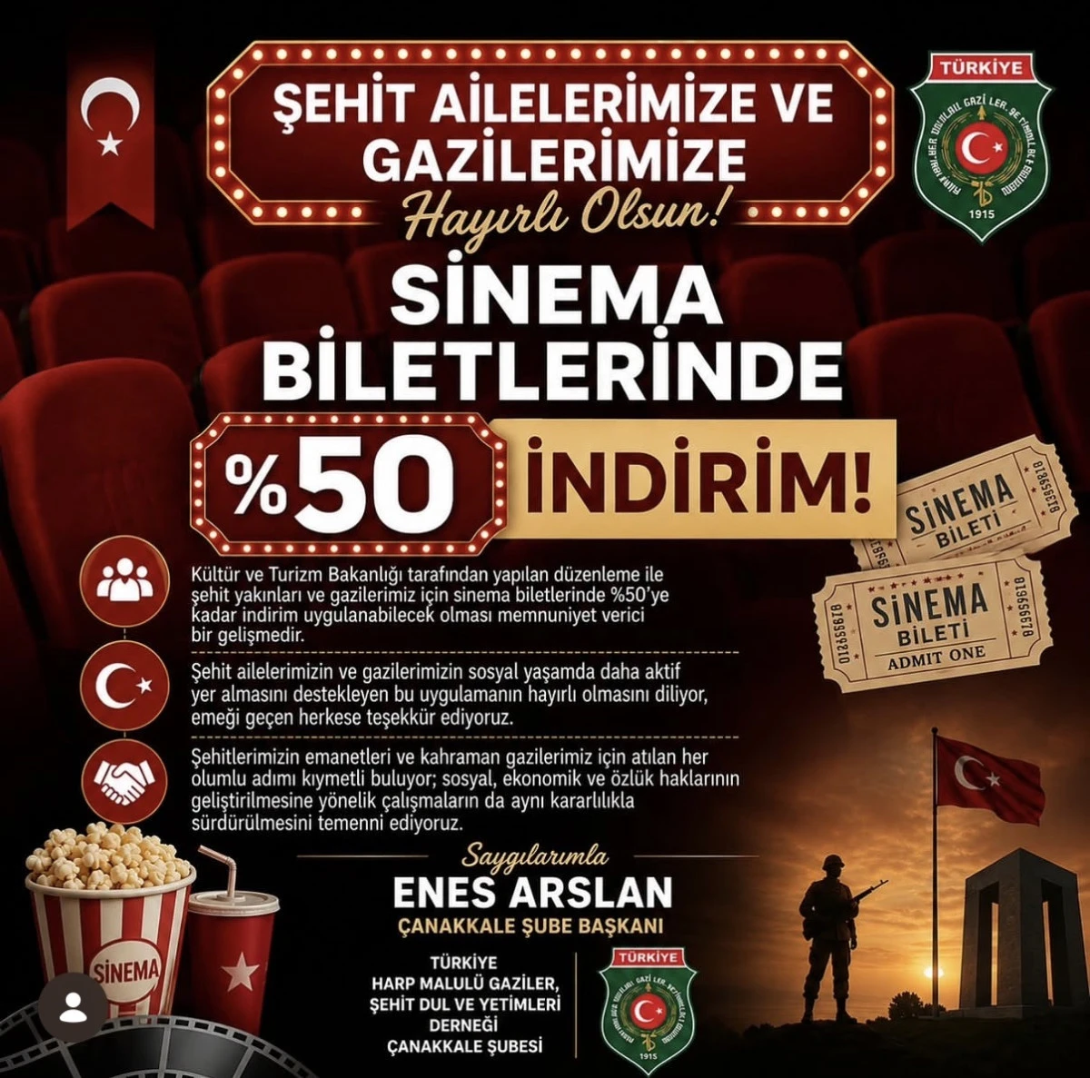 Şehit Yakınları ve Gazilere Sinema Biletlerinde Y&uuml;zde 50&rsquo;ye Kadar İndirim