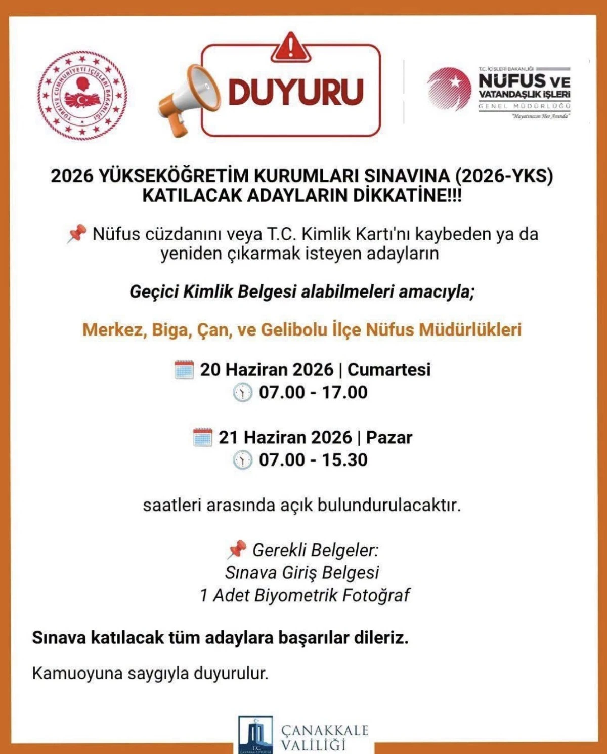 YKS Adayları Dikkat! &Ccedil;anakkale&rsquo;de N&uuml;fus M&uuml;d&uuml;rl&uuml;kleri Sınav G&uuml;nleri A&ccedil;ık Olacak